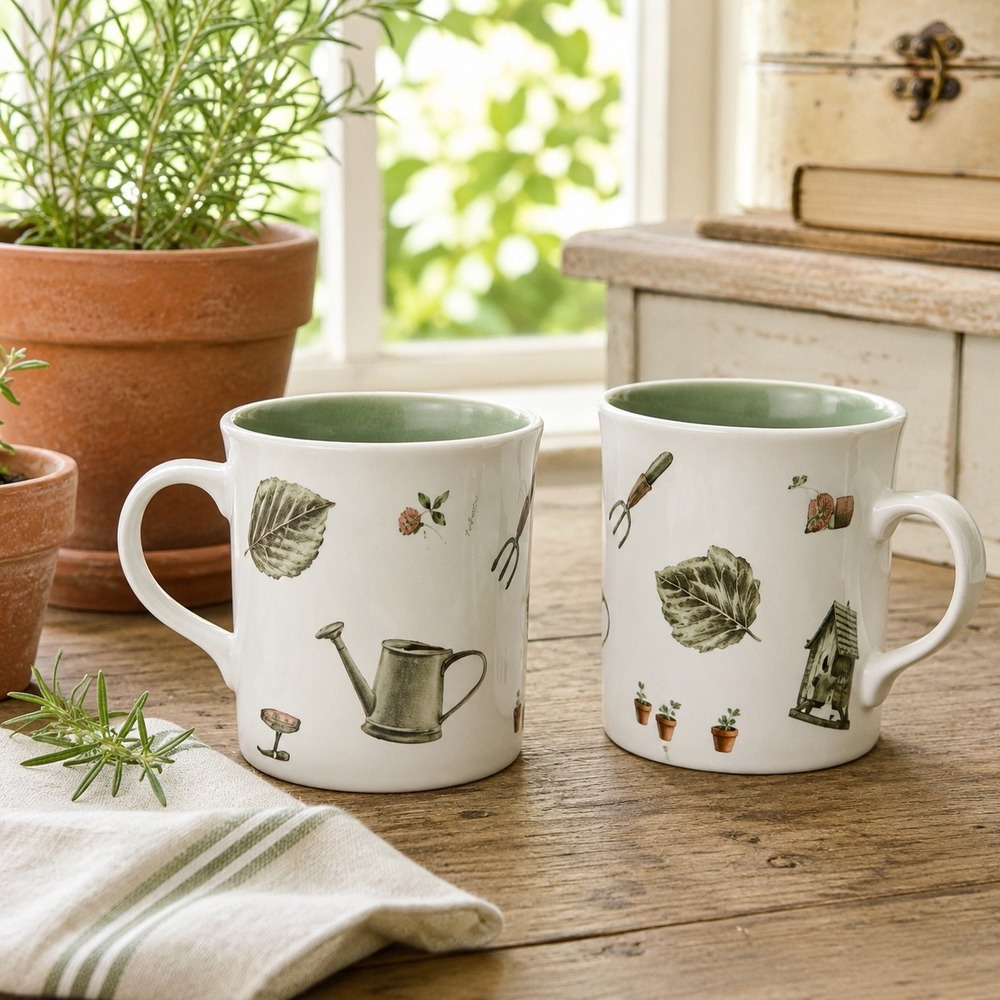 Pfaltzgraff Naturewood Mug Set Cottage Garden Coffee Mugs Botanical Kitchen